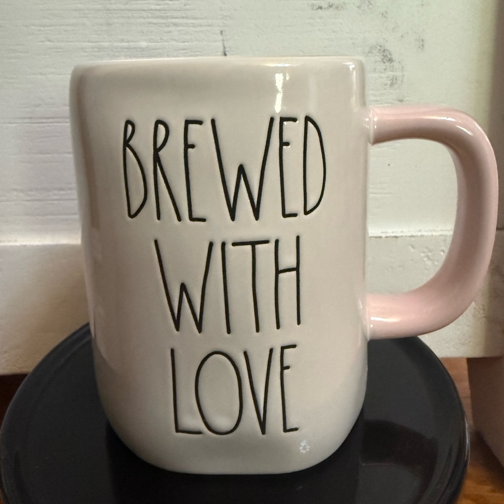 Rae Dunn Brewed With Love Mug with Soft Pink Handle